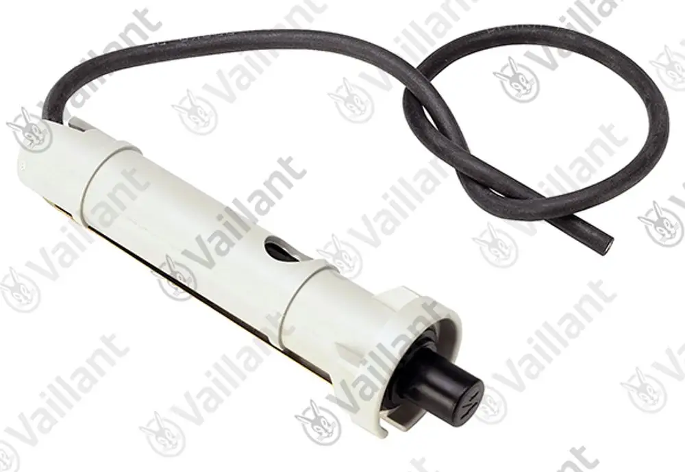 Vaillant Piezo-Zünder mit schwarzem Anschlussstift und flexiblem Kabel in neutraler Farbgebung, geeignet für spezifische Heizsysteme.